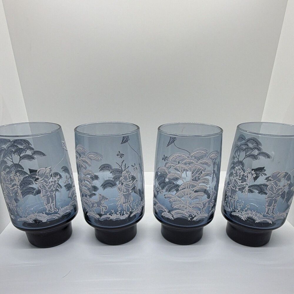 Set of 4 Blue Glass Tumblers Mid-Century Libbey Mary Gregory boy, girl and dog